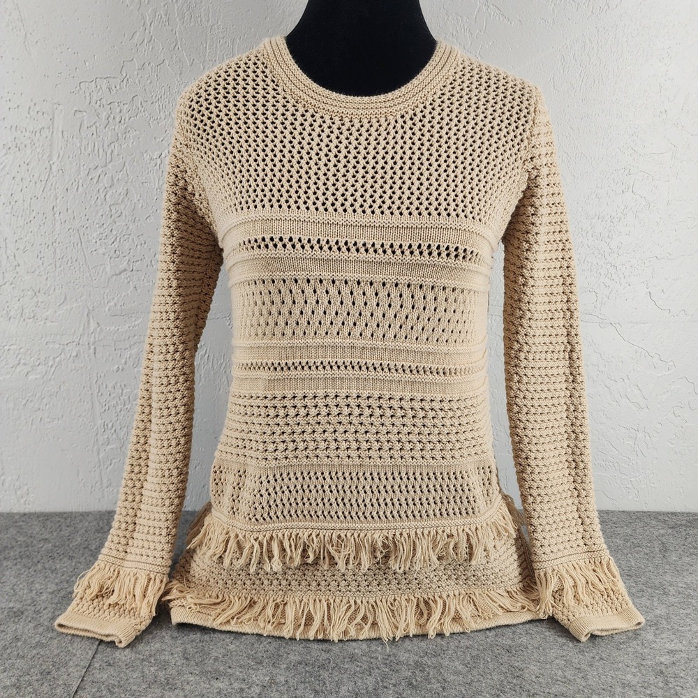 Chelsea & Theodore Tan Open Knit Fringe Trim Boho Sweater Womens XS
